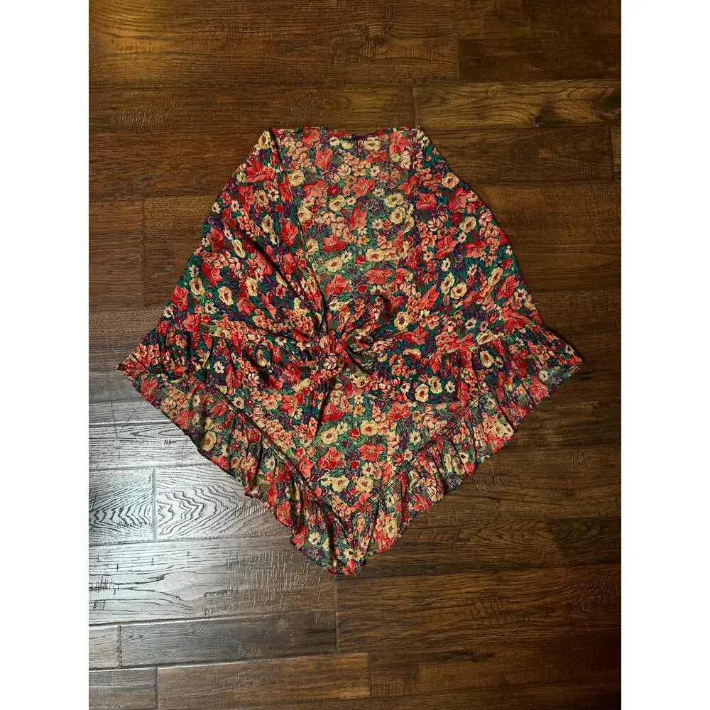 Vintage Cotton Shawl - Autumn Floral Print Ruffle Trim Handmade Wrap